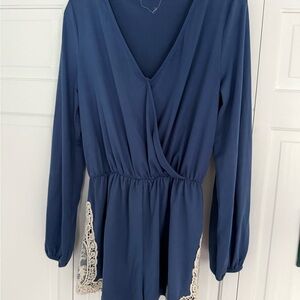 Blue Long Sleeve Romper with Lace Trim